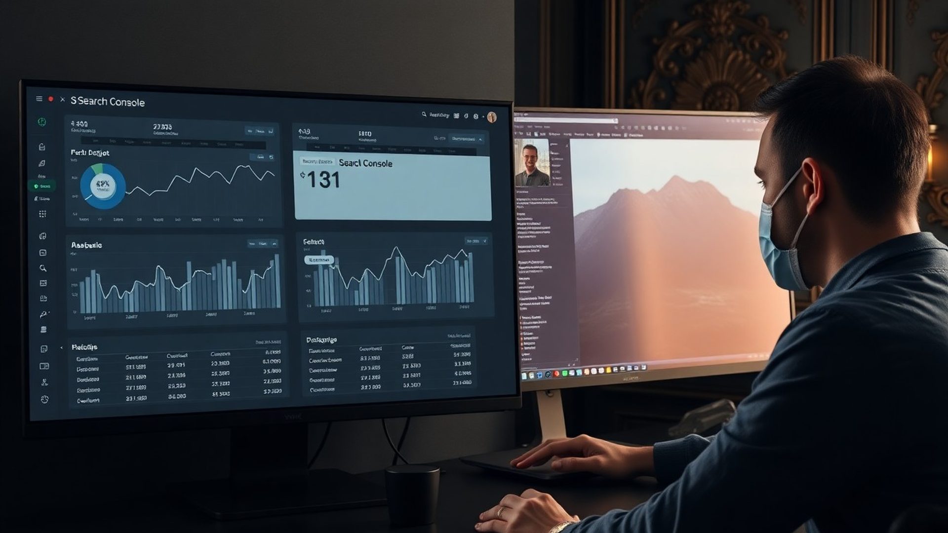 Dashboard SEO auditu vedle pracujícího specialisty